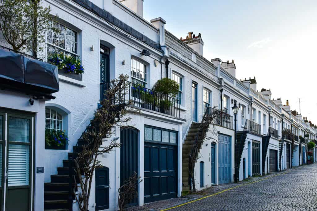 A row of freshly painted residential building