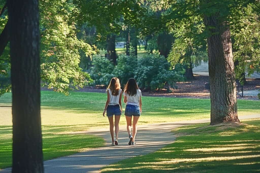 Two young women walking through the park in the concept of 'best parks and green spaces in Lewisham'.